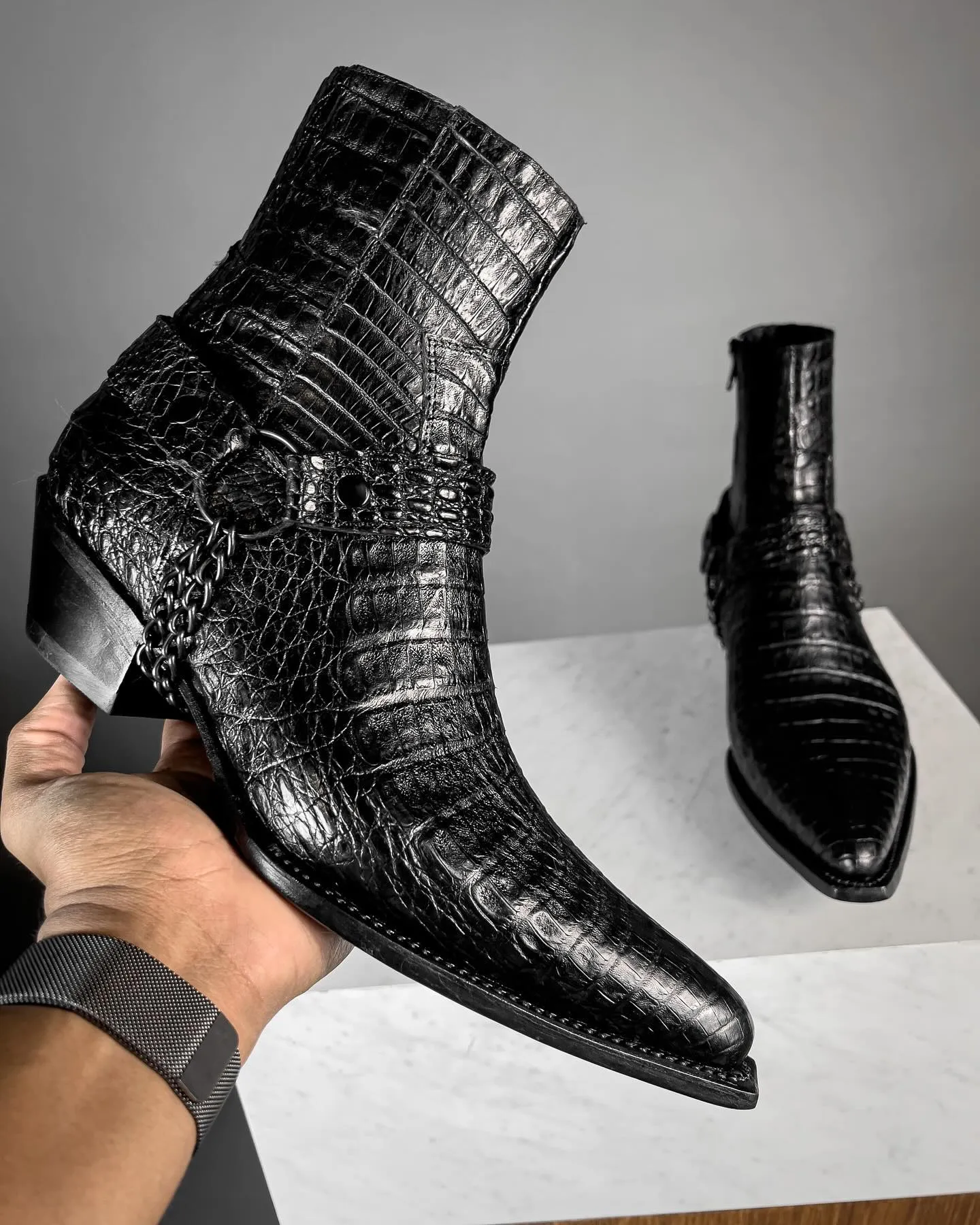 Black Crocodile/Python Print Italian Leather Wanton Slip On Harness Chelsea Boots - GOODYEAR WELTED sold by Costoso Italiano