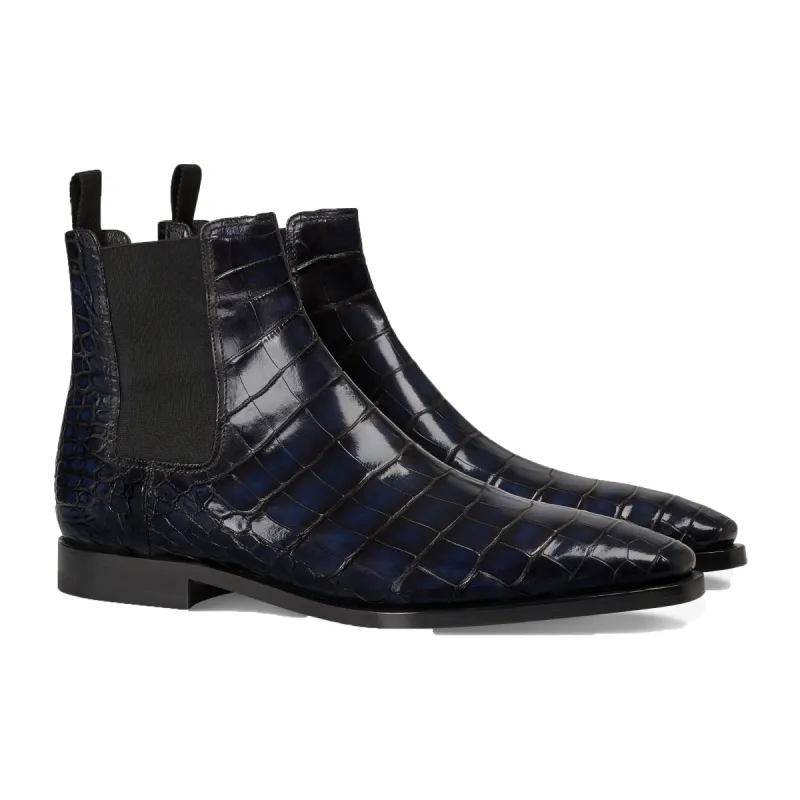 Navy Blue Alligator Textured Leather Evington Chelsea Slip On Boots sold by Costoso Italiano