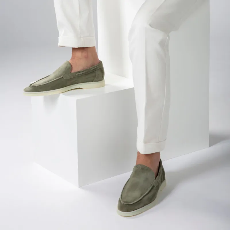 PIstacho Green Suede Athena Yatch Loafers with White Soles - Summer 2024 Collection sold by Costoso Italiano