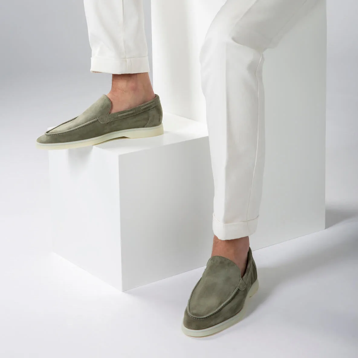 PIstacho Green Suede Athena Yatch Loafers with White Soles - Summer 2024 Collection sold by Costoso Italiano