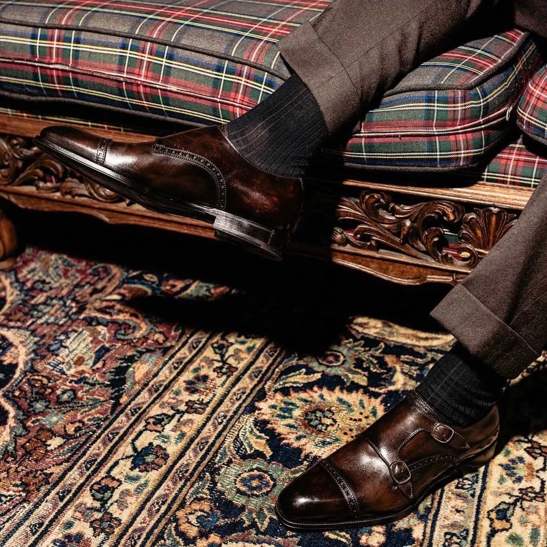 Brown Leather Pleven Brogue Toe Cap Double Monk Straps sold by Costoso Italiano product image thumbnail 2