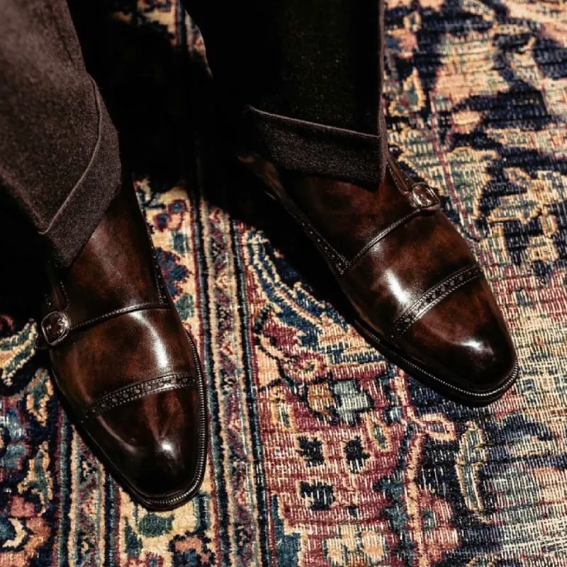 Brown Leather Pleven Brogue Toe Cap Double Monk Straps sold by Costoso Italiano