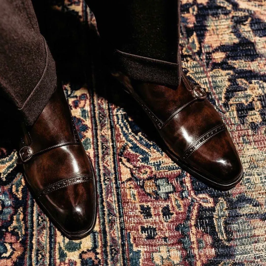 Brown Leather Pleven Brogue Toe Cap Double Monk Straps sold by Costoso Italiano