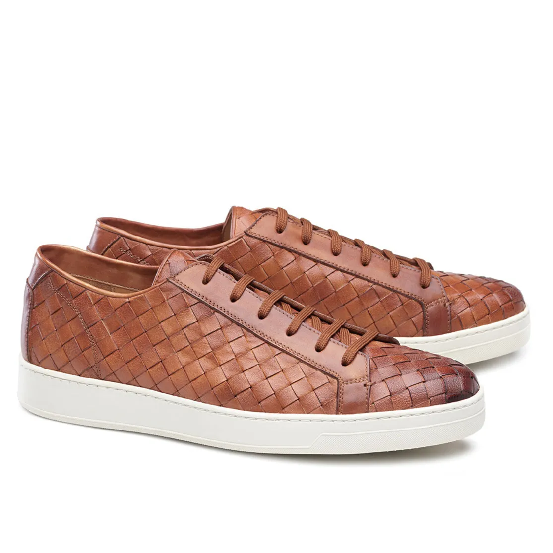 Height Increasing Tan Braided Leather Cornella Lace Up Sneakers sold by Costoso Italiano