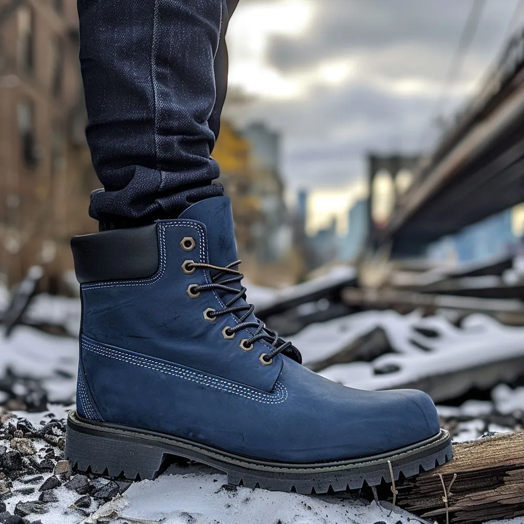 Blue Leather Allure Ankle Rugged Lace Up Combat Hiking Boots with Chunky Track Sole sold by Costoso Italiano