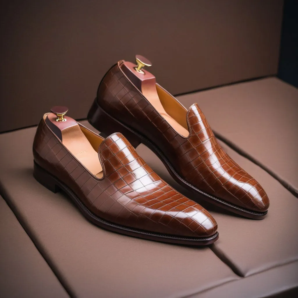 Brown Croc Print Leather Boreas Minimalist Loafers sold by Costoso Italiano