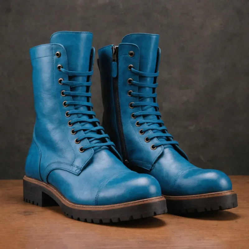 Blue Leather Oriella Lace Up Chunky Derby Boots with Zipper and Track Sole - AW24 - Hiking and Trekking Boots sold by Costoso Italiano