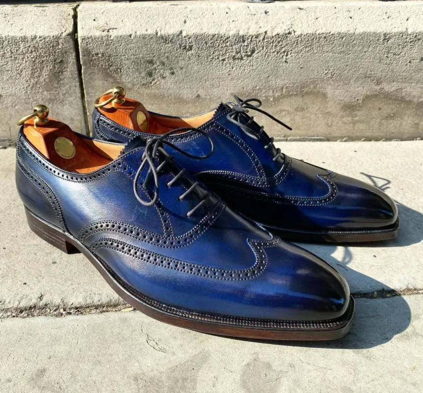 Navy Blue Leather Guardia Brogue Wingtip Oxford Shoes sold by Costoso Italiano