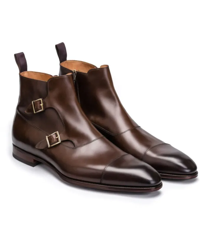 Dark Brown Leather  Bordeaux Zipper Monk Strap Boots sold by Costoso Italiano