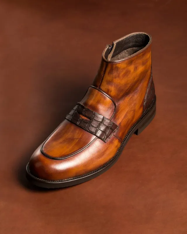 Tan Leather Barcelos Penny Zipper Boots sold by Costoso Italiano