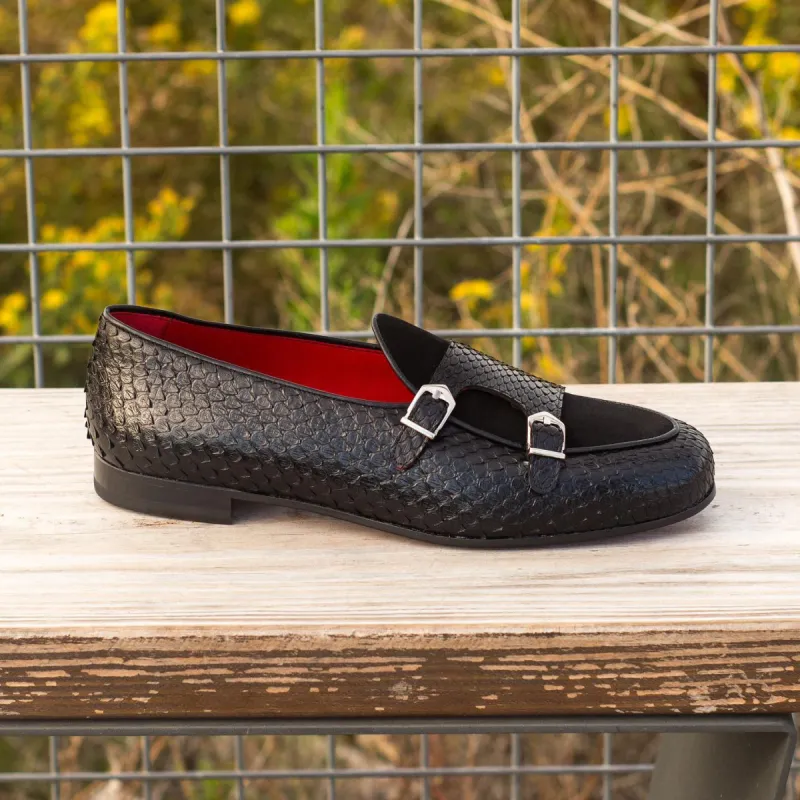 Black Crocodile Print Leather and Velvet Manaus Double Monk Straps - Alligator Print sold by Costoso Italiano