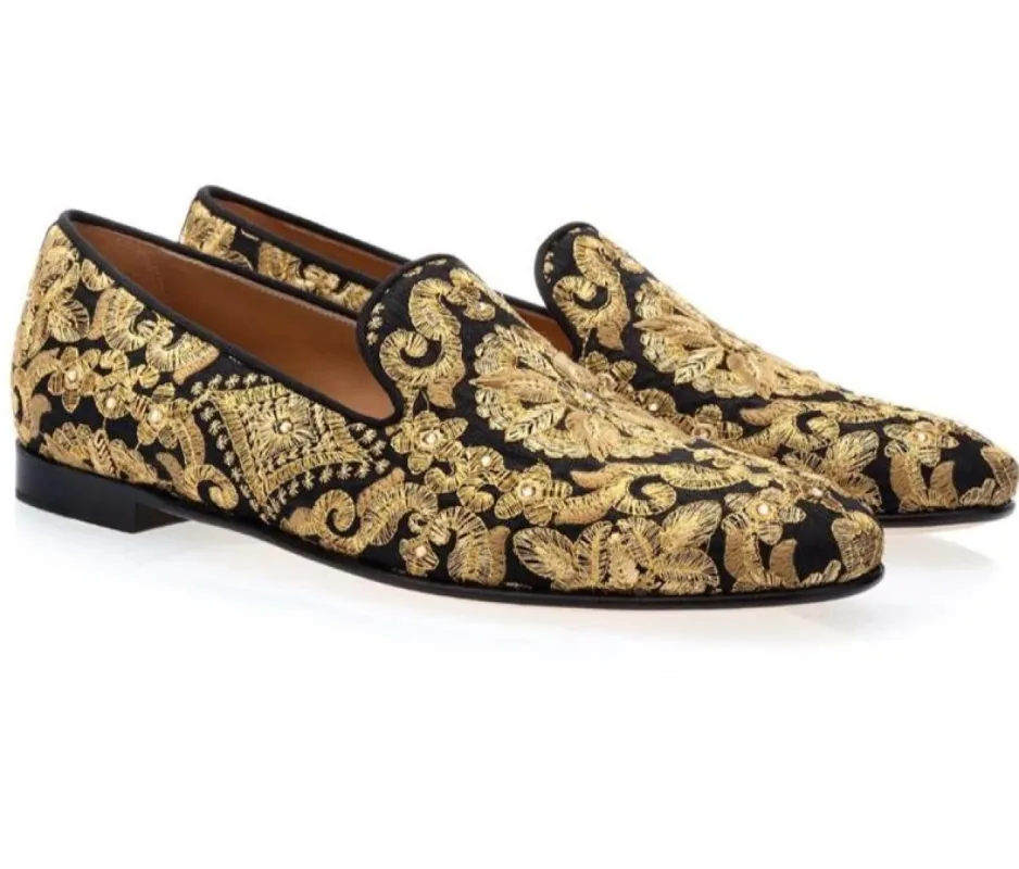Black Velvet Hand Work Zardozi Peshawari Loafers | Wedding Shoes for Groom | Shoes for Haldi Mehendi Sangeet sold by Costoso Italiano