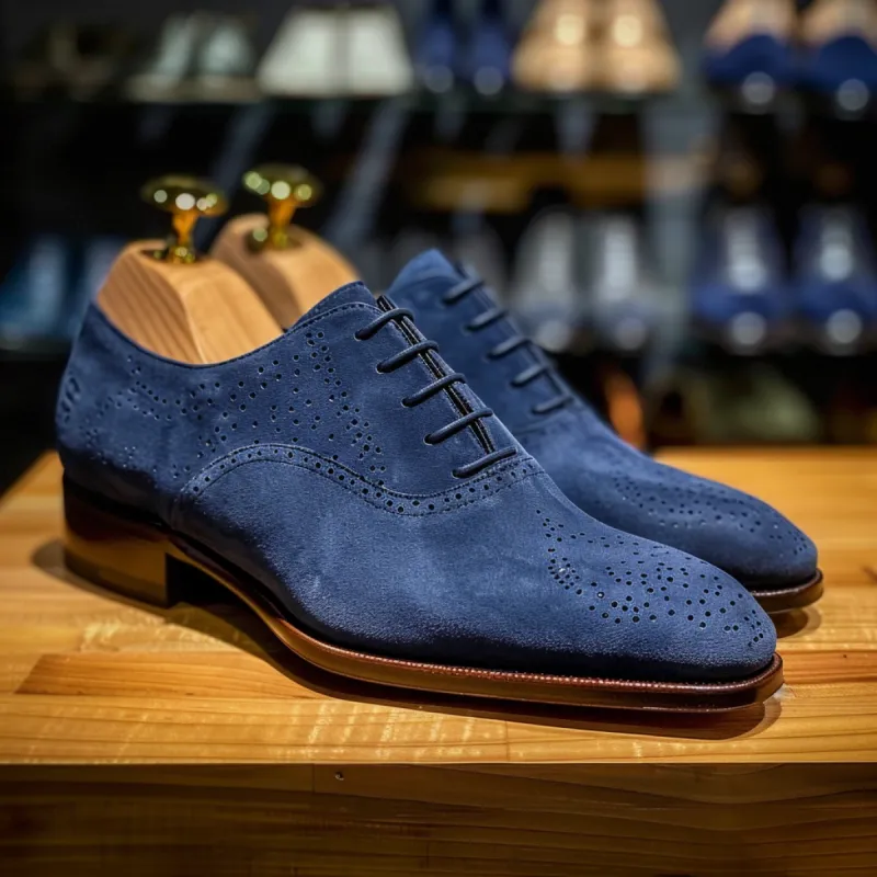 Navy Blue Suede Leather Prestige Pace Brogue Oxfords Shoes - Summer 2024 Collection sold by Costoso Italiano