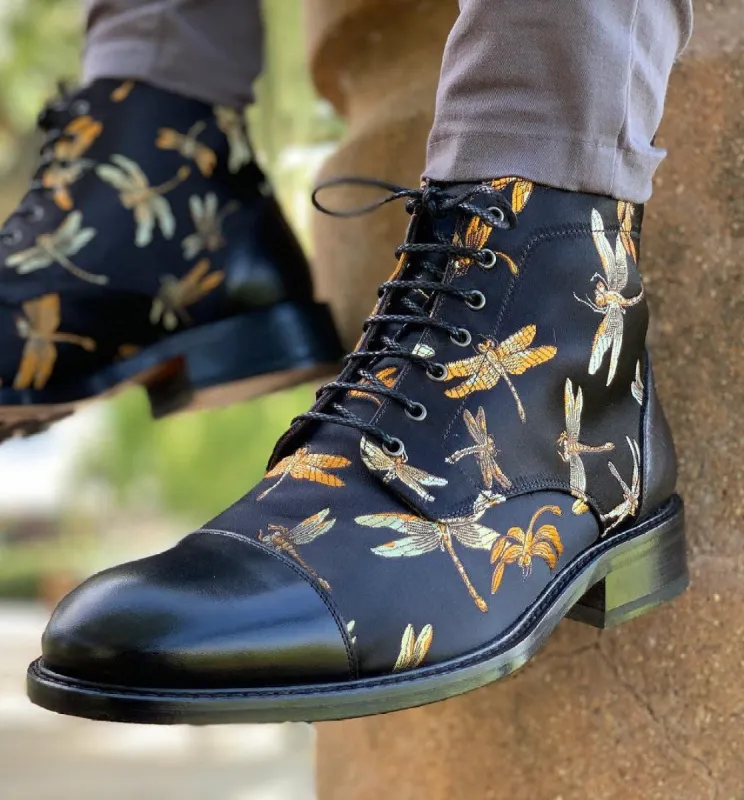 Black Printed Dragon Fly Canvas and Leather Iliomar Toe Cap Lace Up Derby Shoes sold by Costoso Italiano