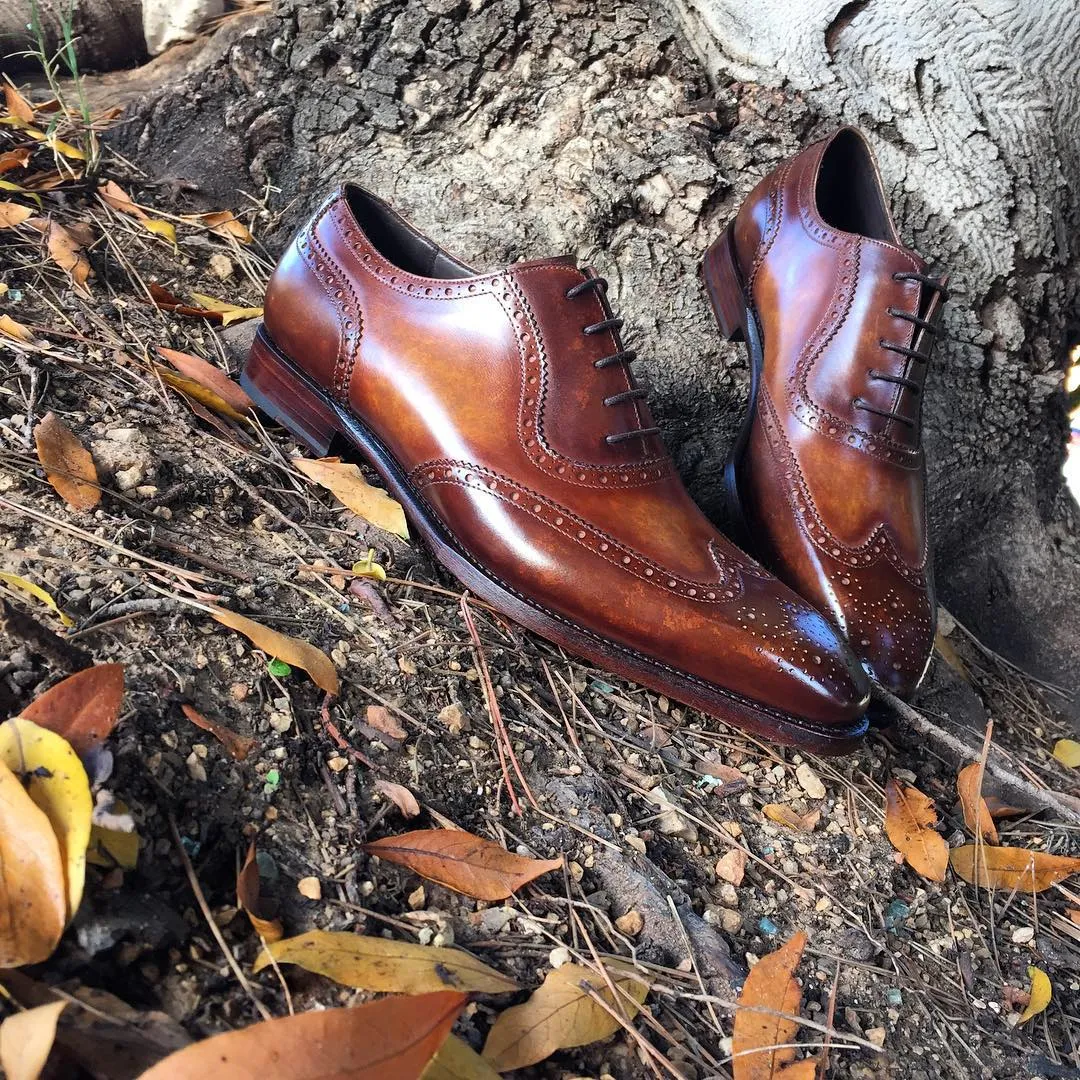 Brown Hand Painted Leather Guarda Brogue Oxfords - Formal Shoes sold by Costoso Italiano