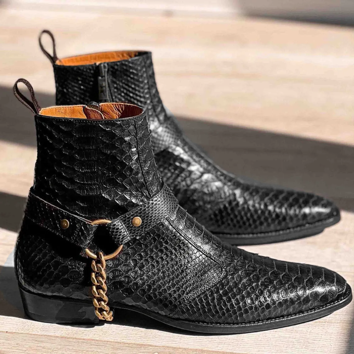 Black Crocodile/Python Print Italian Leather Wanton Slip On Harness Chelsea Boots - GOODYEAR WELTED FIDDLE BACK VIOLIN SOLE sold by Costoso Italiano