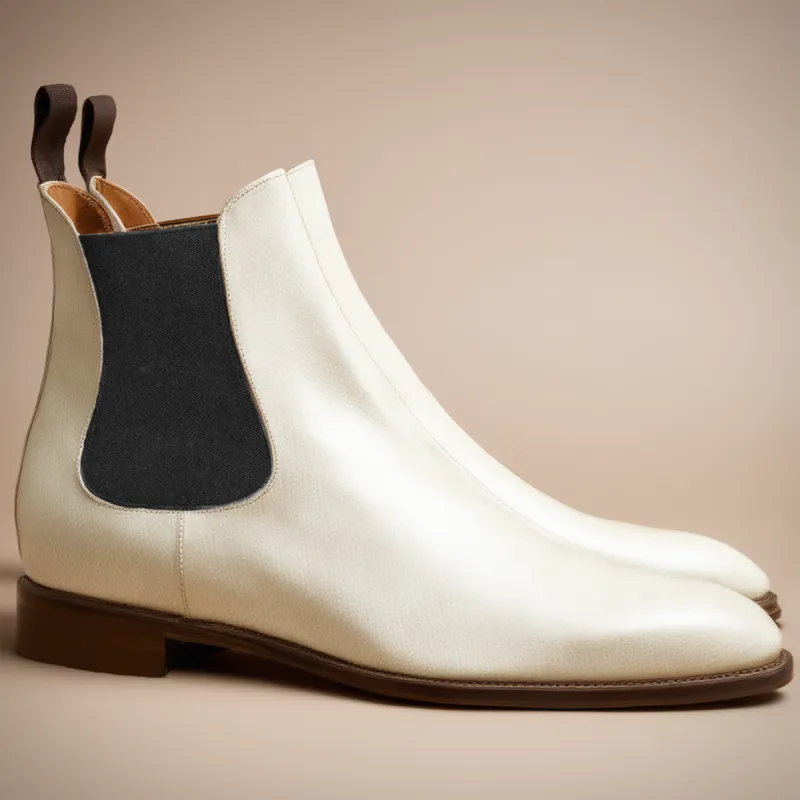 Flat Feet Shoes - White Leather Fenland Slip On Chelsea Boots with Arch Support sold by Costoso Italiano