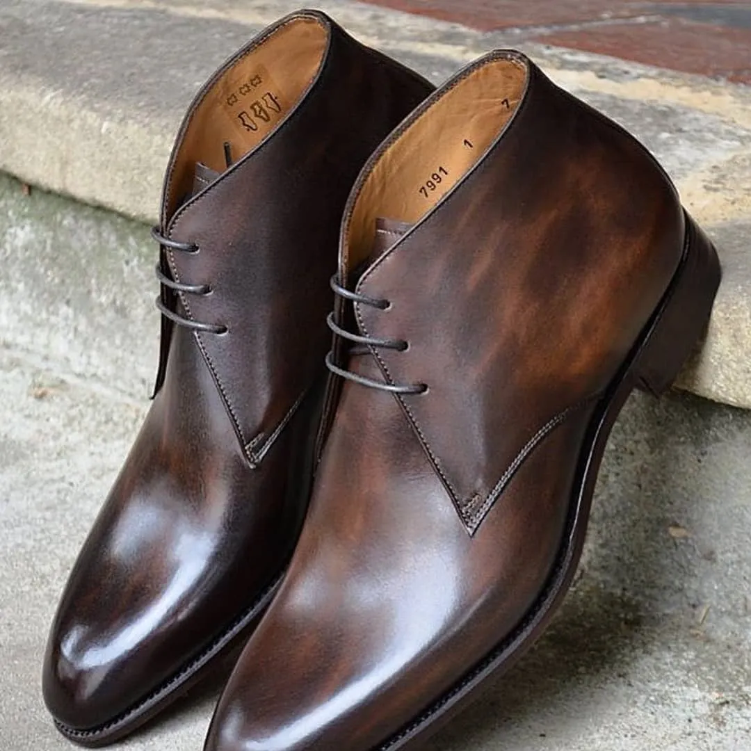Height Increasing Brown Leather Navarre Chukka Boots sold by Costoso Italiano