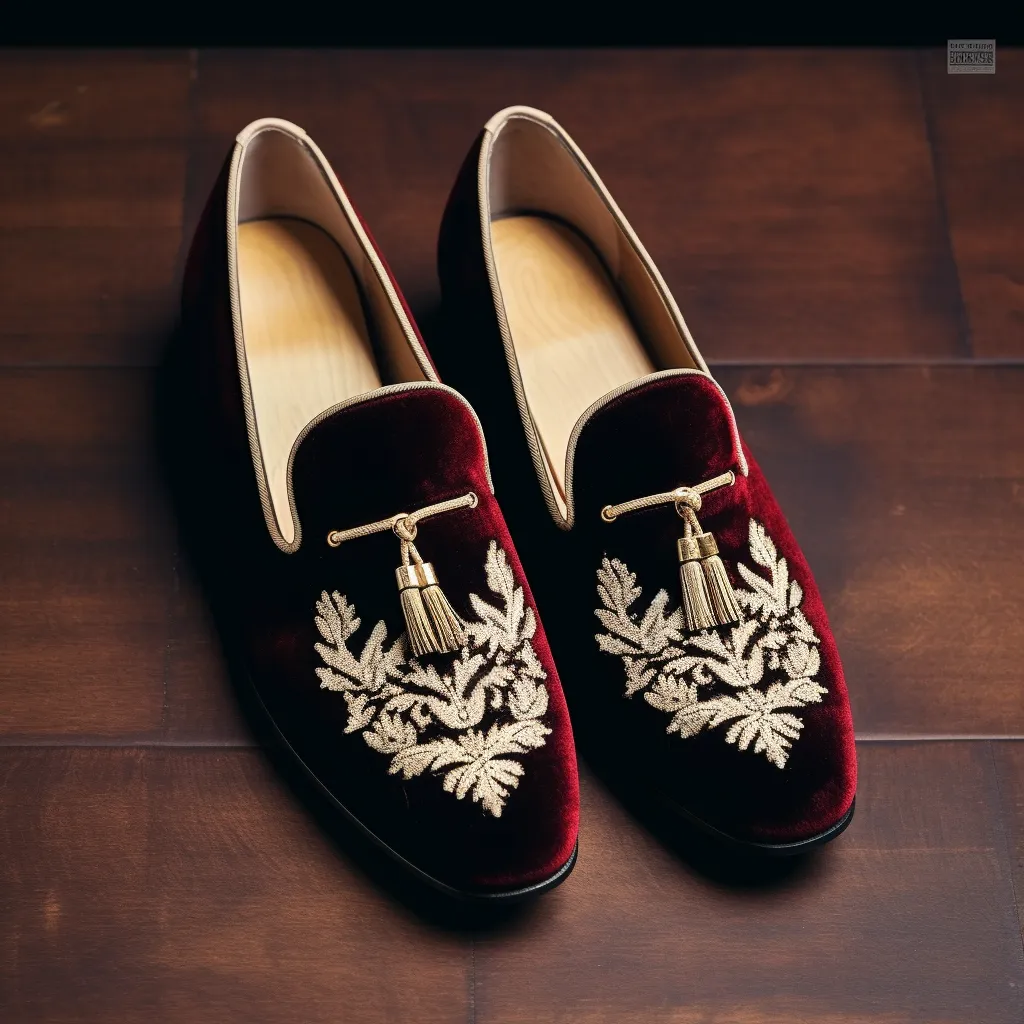 Wine Velvet Embroidery Work Peshawari Loafers | Wedding Shoes for Groom | Shoes for Haldi Mehendi Sangeet sold by Costoso Italiano
