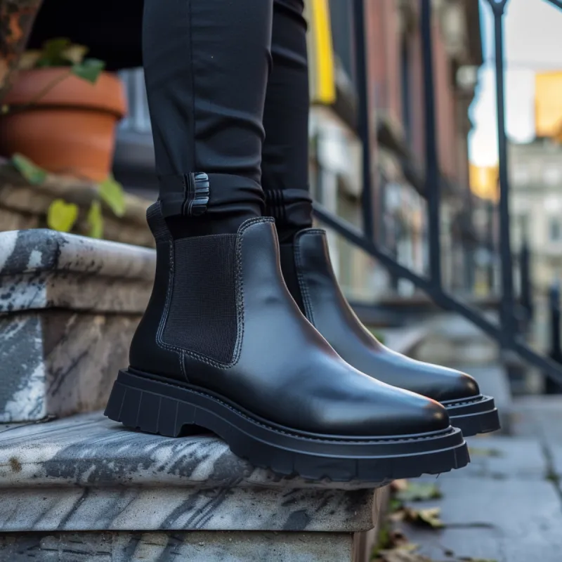 Black Leather Anacleto With Thick Sole Chelsea Boot sold by Costoso Italiano