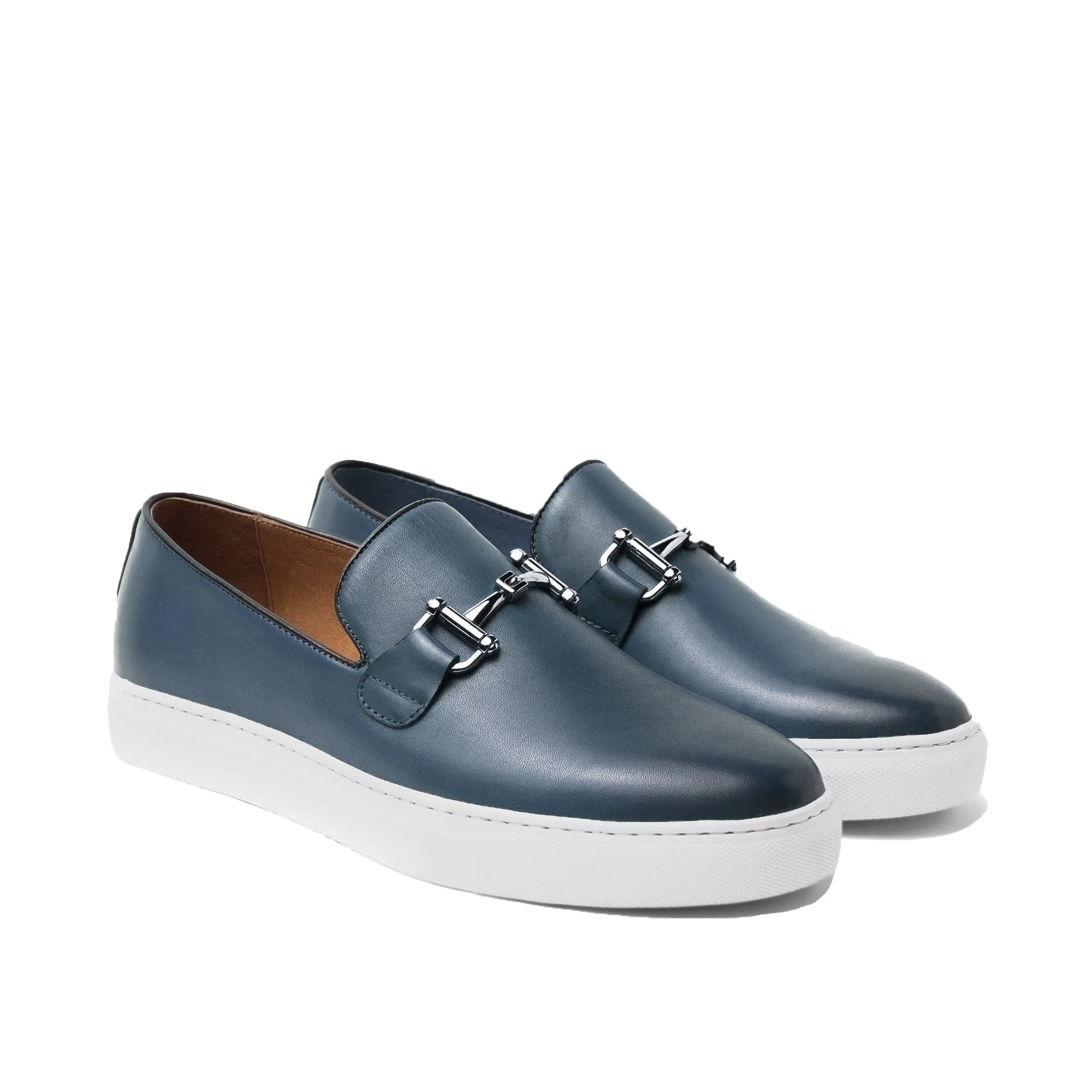 Height Increasing Blue Leather Alvin Horse Bit Slip On Sneakers sold by Costoso Italiano