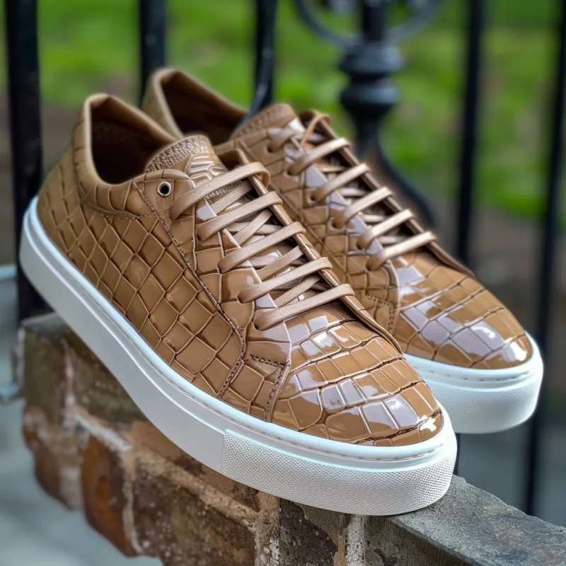 Tan Croc Print Leather Quarto Lace Up With White Sole Sneakers sold by Costoso Italiano