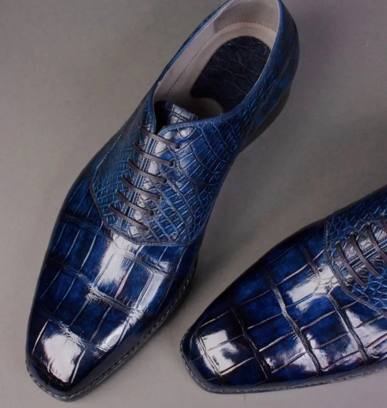 Navy Blue Crocodile Print Leather Burnie Oxford Shoes sold by Costoso Italiano