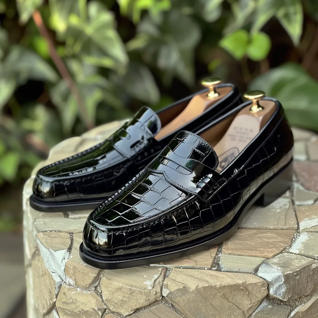 Black Croc Print Leather Battista Loafers sold by Costoso Italiano