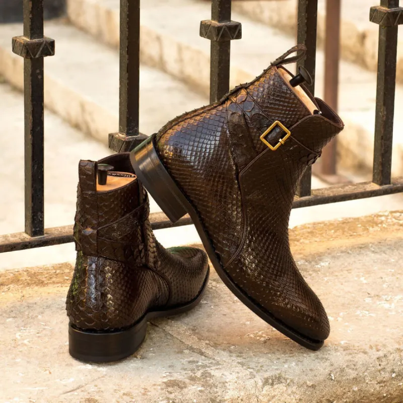 Height Increasing Brown Python Print Italian Leather Cantane Slip On Jodhpur Boots - GOODYEAR WELTED FIDDLE BACK VIOLIN SOLE sold by Costoso Italiano