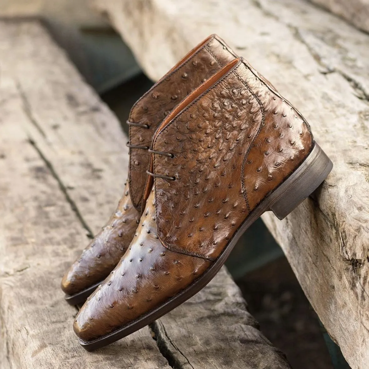 Tan Ostrich Print Leather Gabrovo Chukka Lace Up Boots sold by Costoso Italiano
