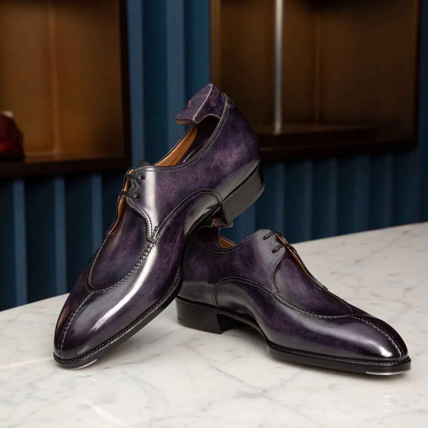 Purple Leather With Royal Finish Derby Shoes - With Track Soles sold by Costoso Italiano