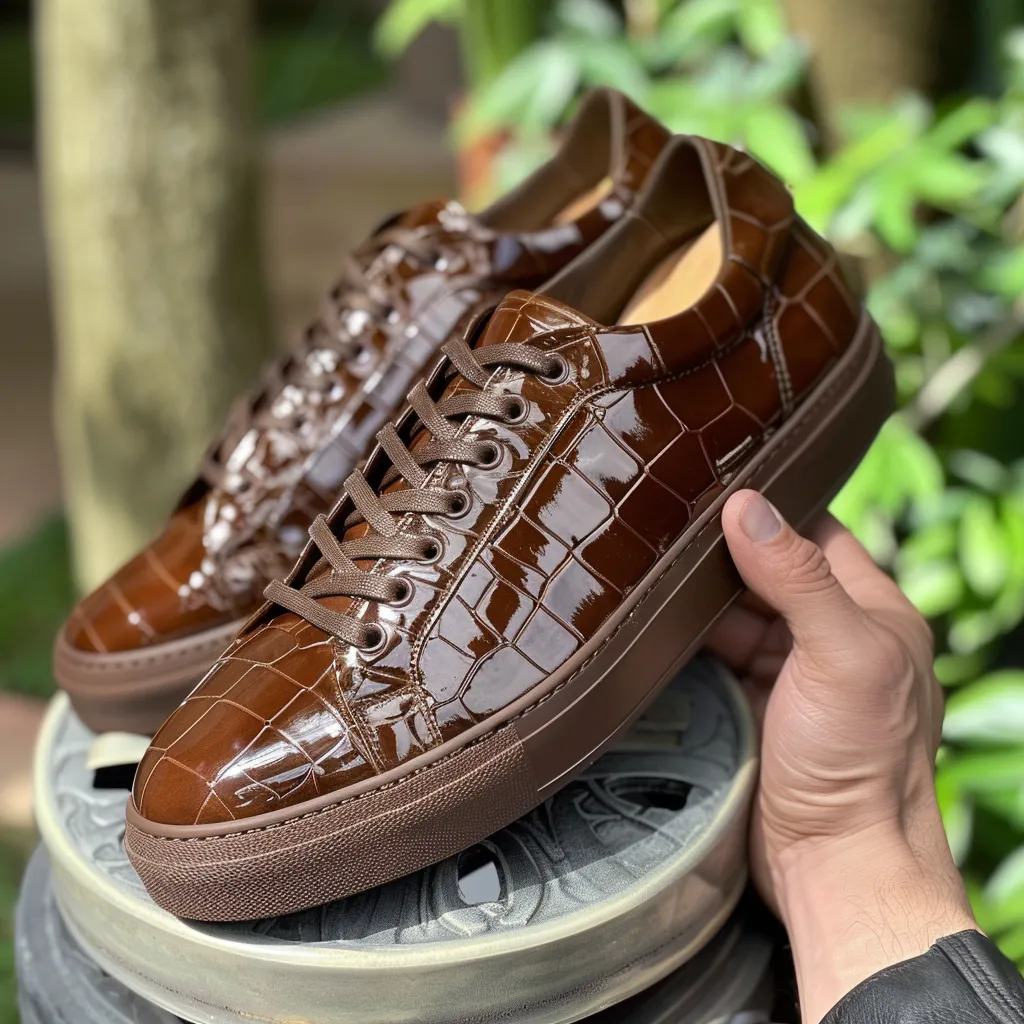Brown Croc Print Leather Paciano Lace Up Sneakers sold by Costoso Italiano
