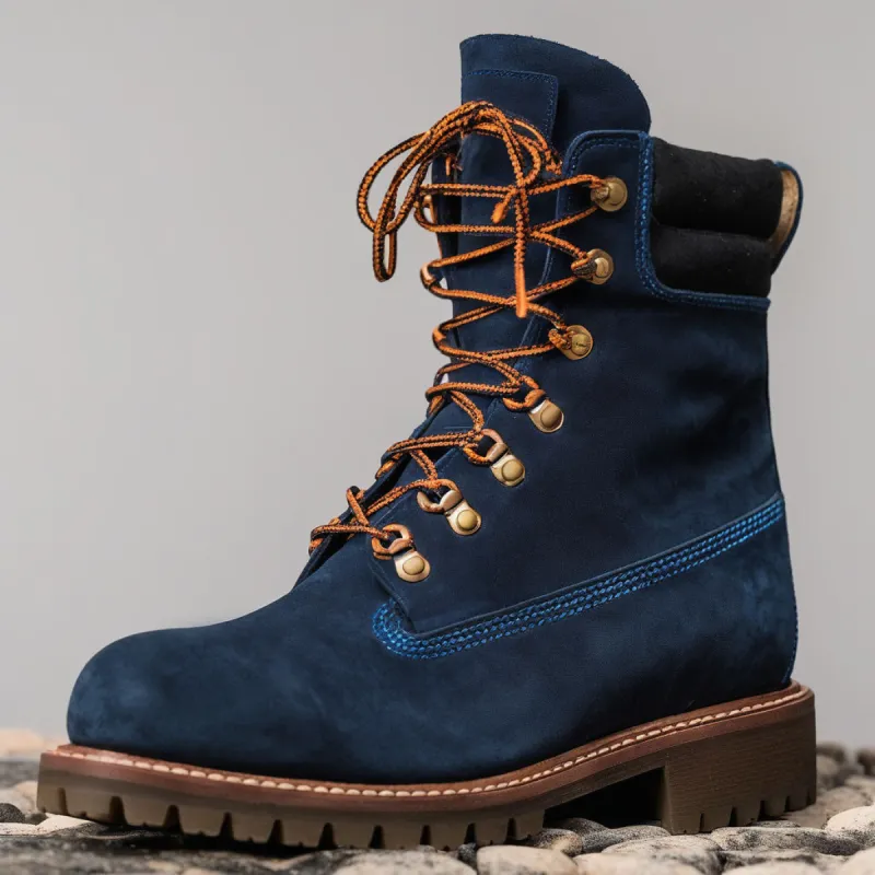 Blue Suede Leather Abbraccio Mid Calf Rugged Lace Up Combat Hiking Boots with Chunky Track Sole sold by Costoso Italiano