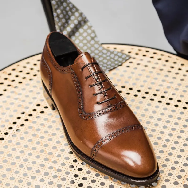 Height Increasing Tan Leather Coimbra Brogue Toe Cap Oxfords - Formal Shoes sold by Costoso Italiano