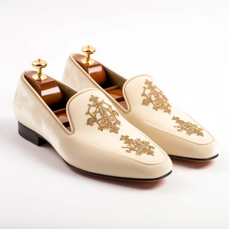 White Velvet Embroidery Work Peshawari Loafers | Wedding Shoes for Groom | Shoes for Haldi Mehendi Sangeet sold by Costoso Italiano