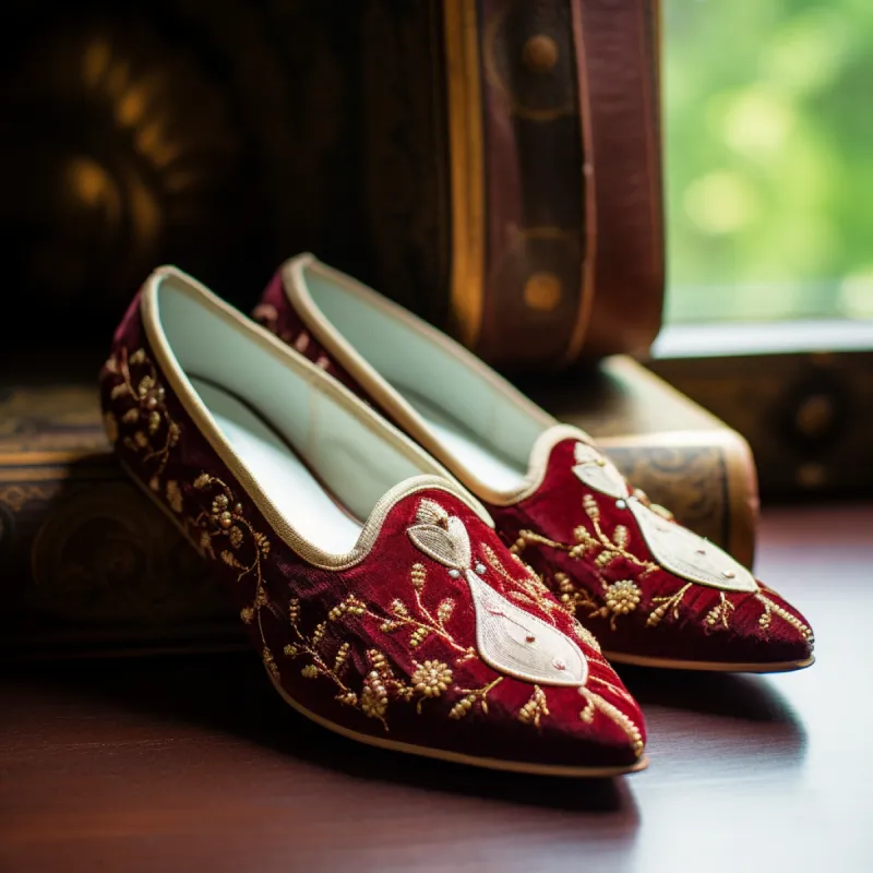 Red Velvet Hand Work Zardozi Peshawari Loafers | Wedding Shoes for Groom | Shoes for Haldi Mehendi Sangeet sold by Costoso Italiano