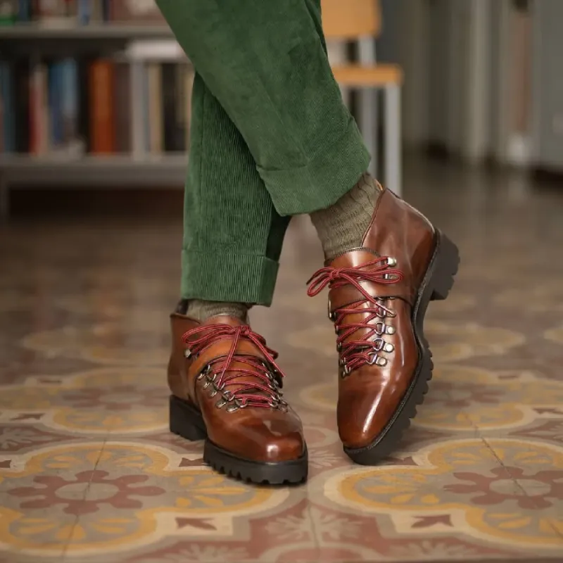 Height Increasing Tan Leather Devine Chunky Hiking Combat  Lace Up Boots sold by Costoso Italiano