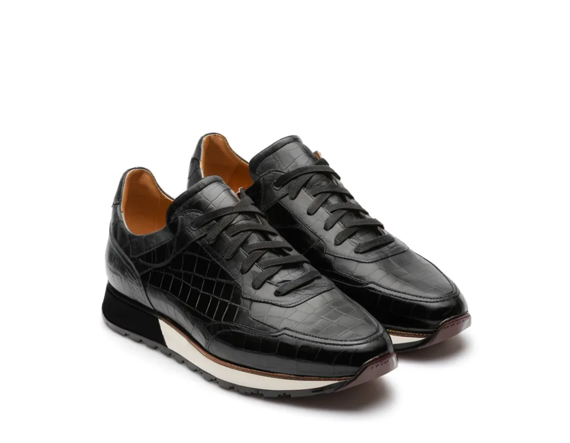 Black Croc Print Leather Nausori Lace Up Running Sneaker Shoes sold by Costoso Italiano