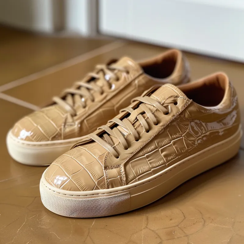 Tan Croc Print Leather Pasquale Lace Up Sneakers sold by Costoso Italiano