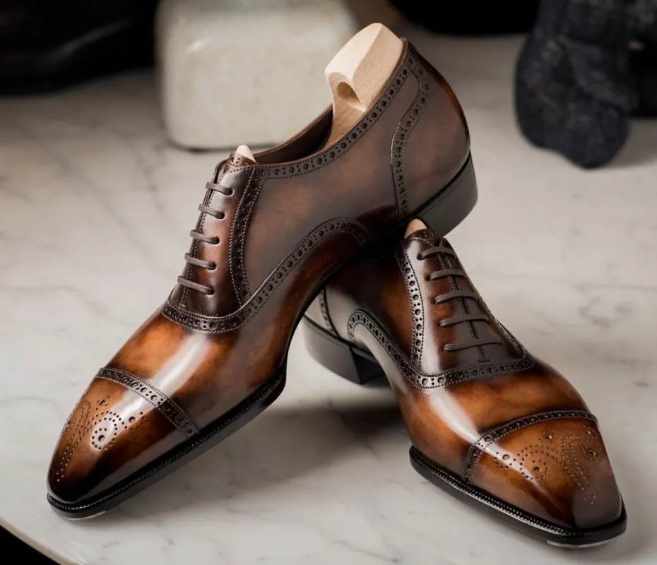 Tan Leather Nantes Brogue Toe Cap Oxford Shoes - AW24 sold by Costoso Italiano