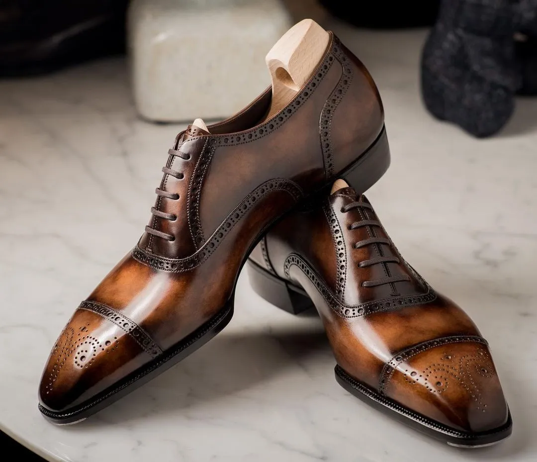 Tan Leather Nantes Brogue Toe Cap Oxford Shoes - AW24 sold by Costoso Italiano