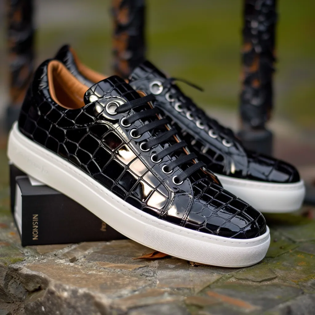 Black Croc Print Leather Nino Lace Up With White Sole Sneakers sold by Costoso Italiano