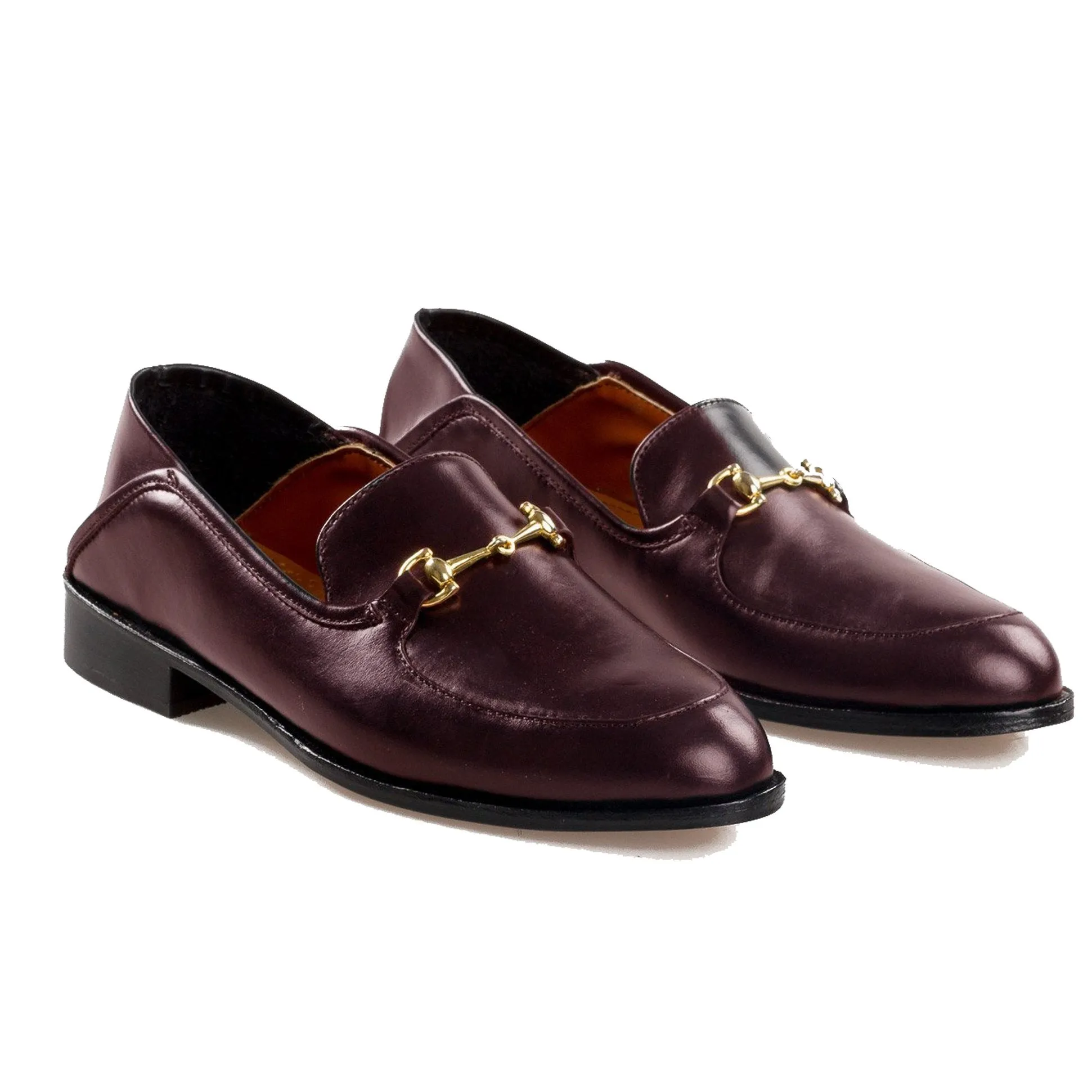 Flat Feet Shoes - Brown Burgundy Leather Penela Horsebit Collapsible Loafer Slippers with Arch Support sold by Costoso Italiano