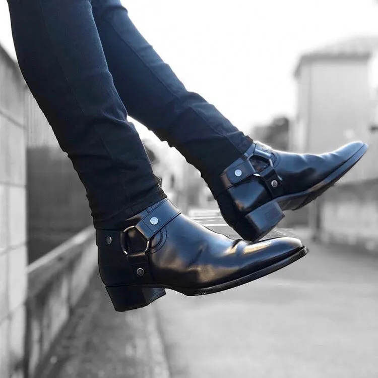 Black Leather Ravien Harness Chelsea Boots - Cowboy Edition sold by Costoso Italiano