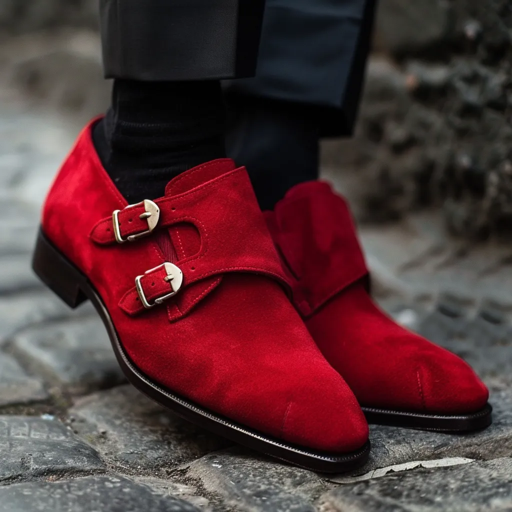 Red Suede Leather Paolo Slip-On Monk Straps sold by Costoso Italiano