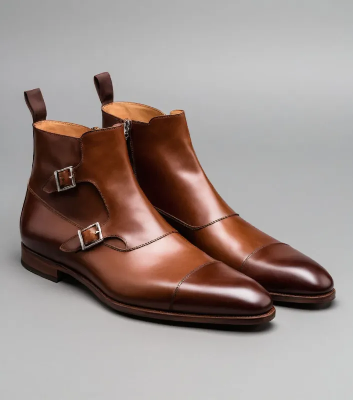 Brown Leather  Bordeaux Zipper Monk Strap Boots sold by Costoso Italiano