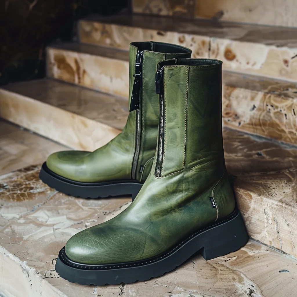 Green Leather Attilio Slip On Zipper Western Cowboy Boots sold by Costoso Italiano