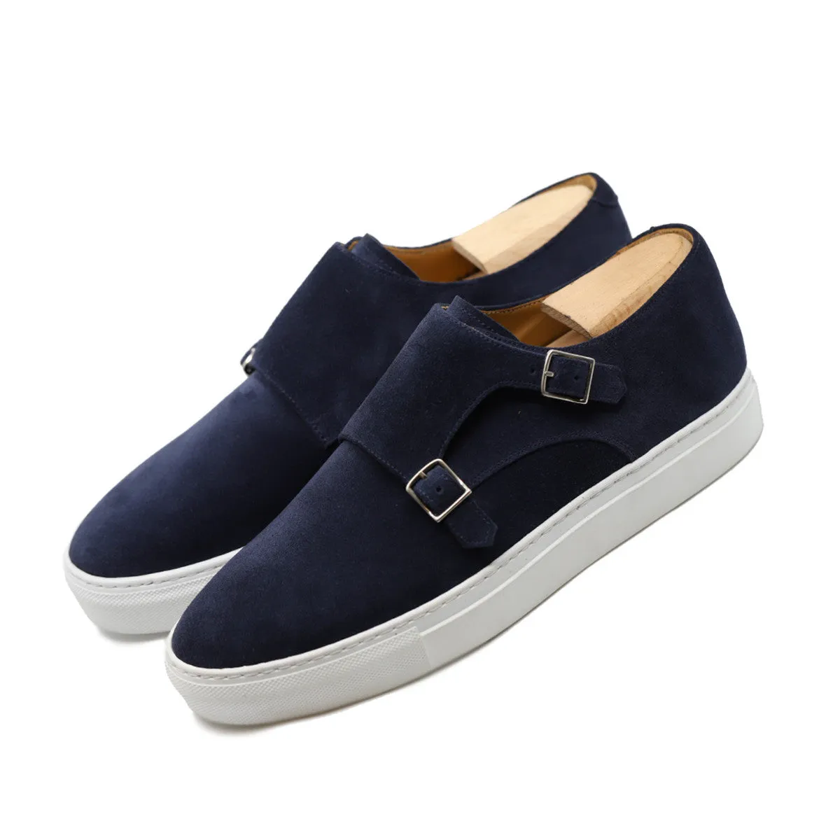 Height Increasing Navy Blue Suede Ferrol Monk Strap Sneakers sold by Costoso Italiano