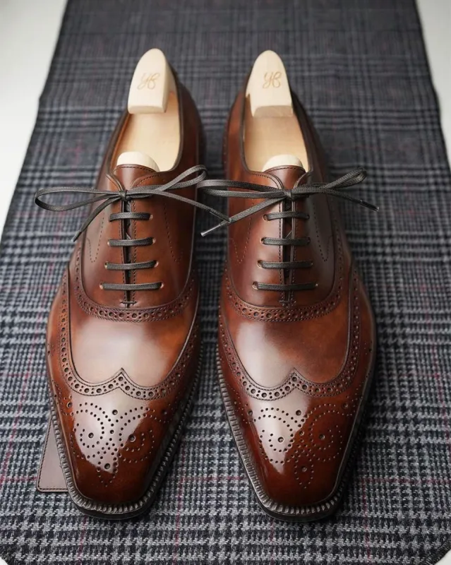 Tan Leather Cedria Brogue Wingtip Oxfords - Formal Shoes sold by Costoso Italiano