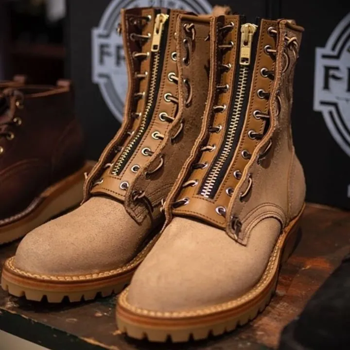 Beige Leather Lace-Up Adventure Ambler Zipper in Middle Chunky Boots - Hiking and Trekking Boots sold by Costoso Italiano